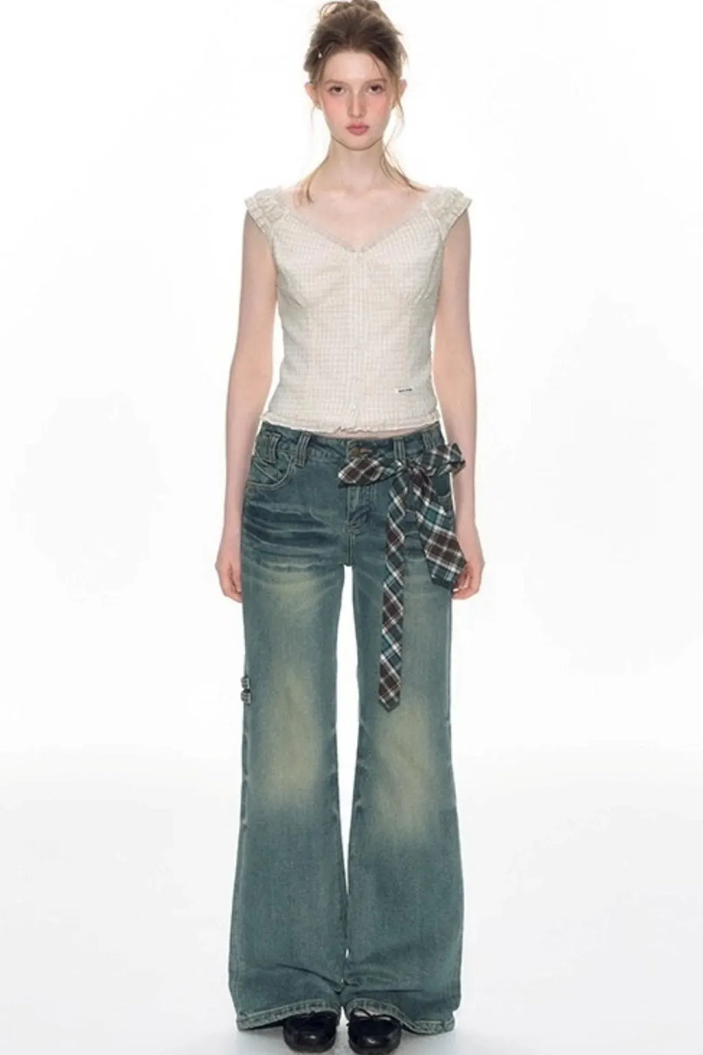 Checked Sleeveless One-Shoulder Shirt Set-Up