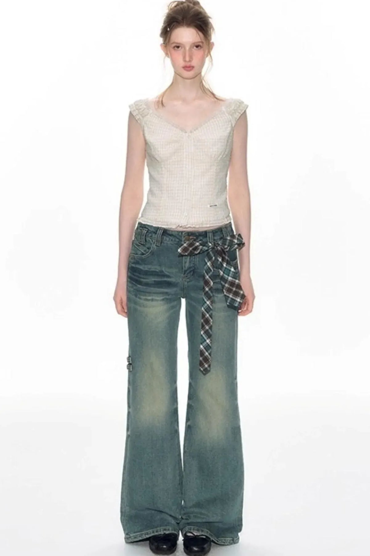 Checked Sleeveless One-Shoulder Shirt Set-Up