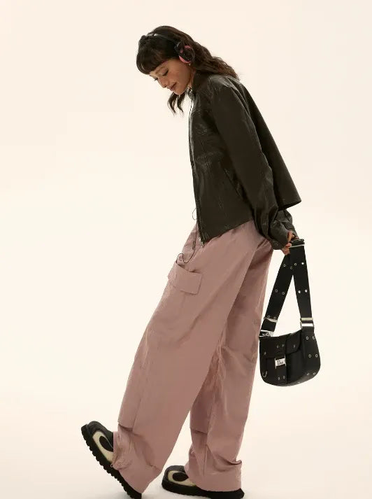 Elastic Waist Pocket Work Loose Pants
