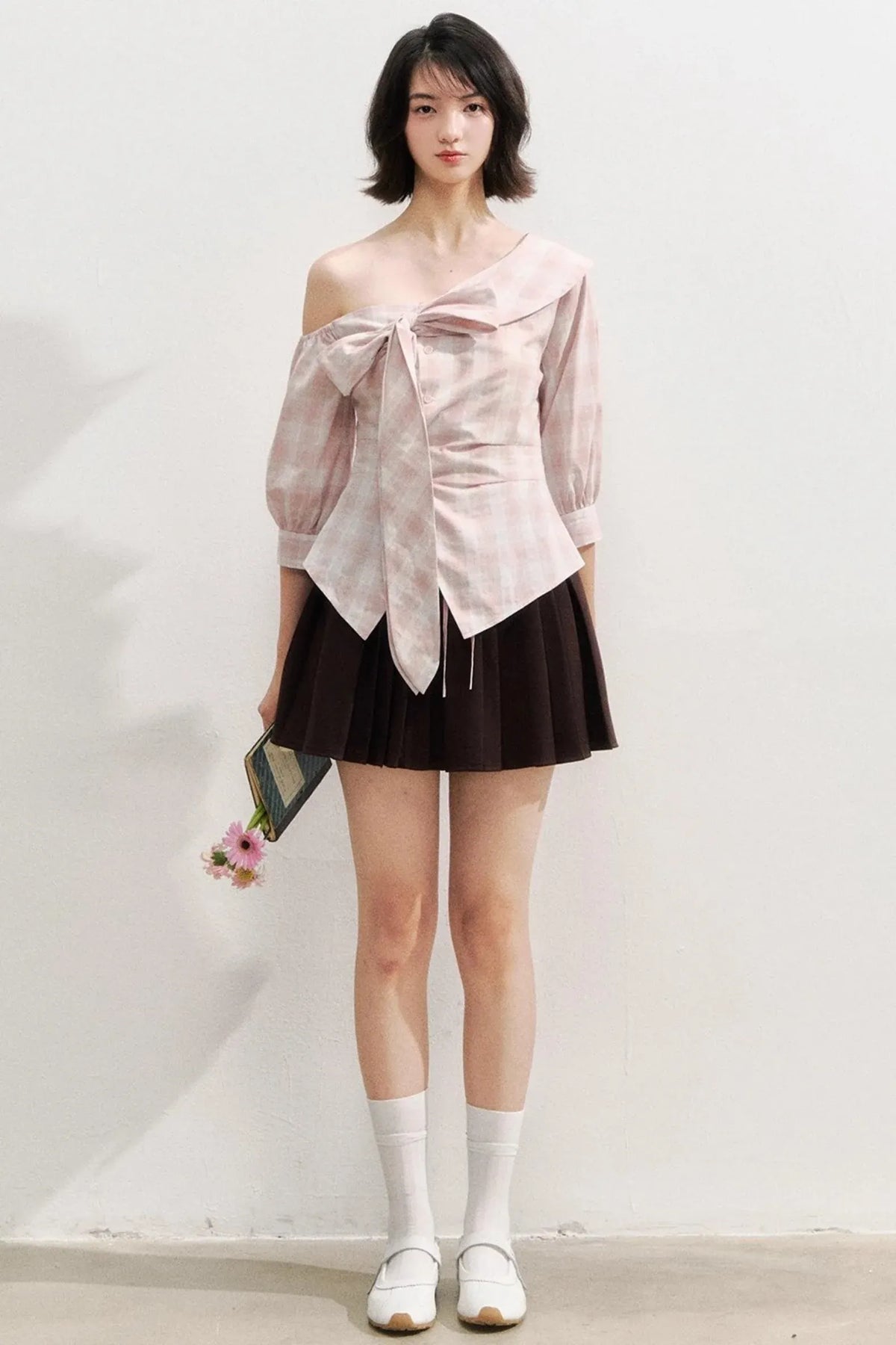 Plaid Bow One-Shoulder Waist Shirt
