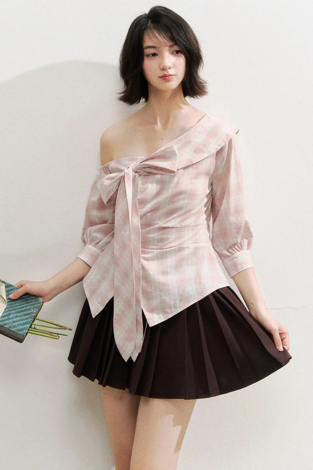 Plaid Bow One-Shoulder Waist Shirt