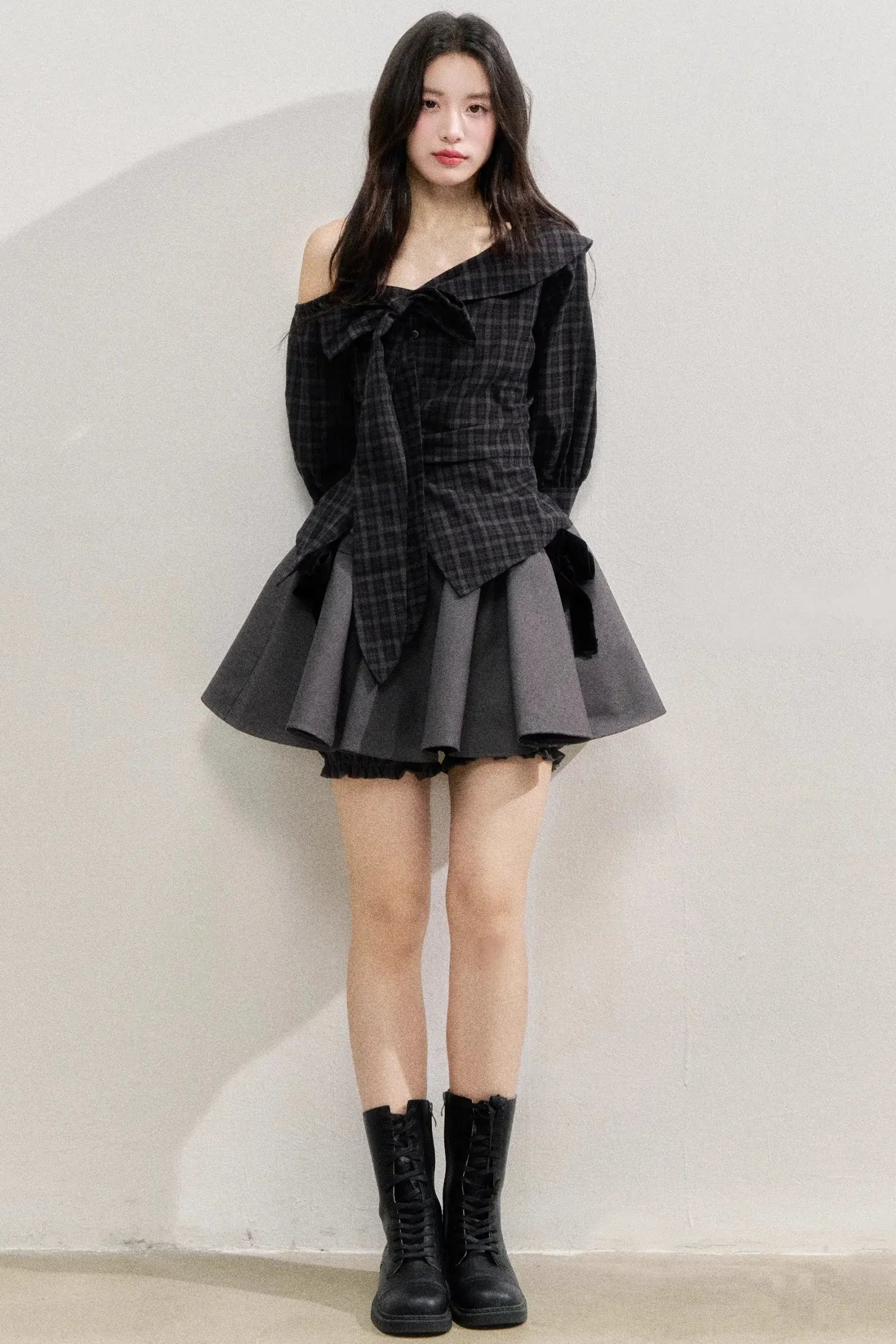 Plaid Bow One-Shoulder Waist Shirt
