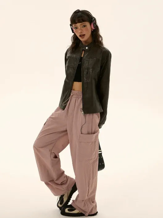 Elastic Waist Pocket Work Loose Pants