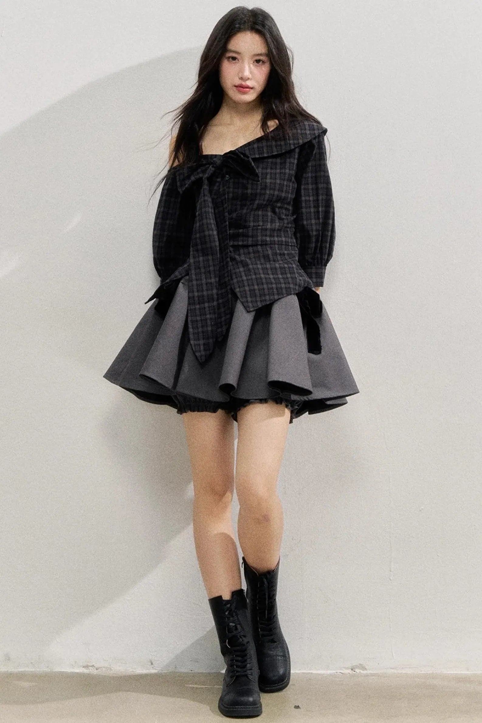 Plaid Bow One-Shoulder Waist Shirt