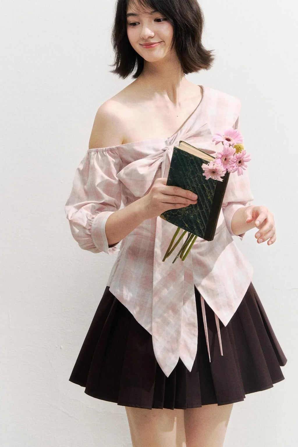 Plaid Bow One-Shoulder Waist Shirt