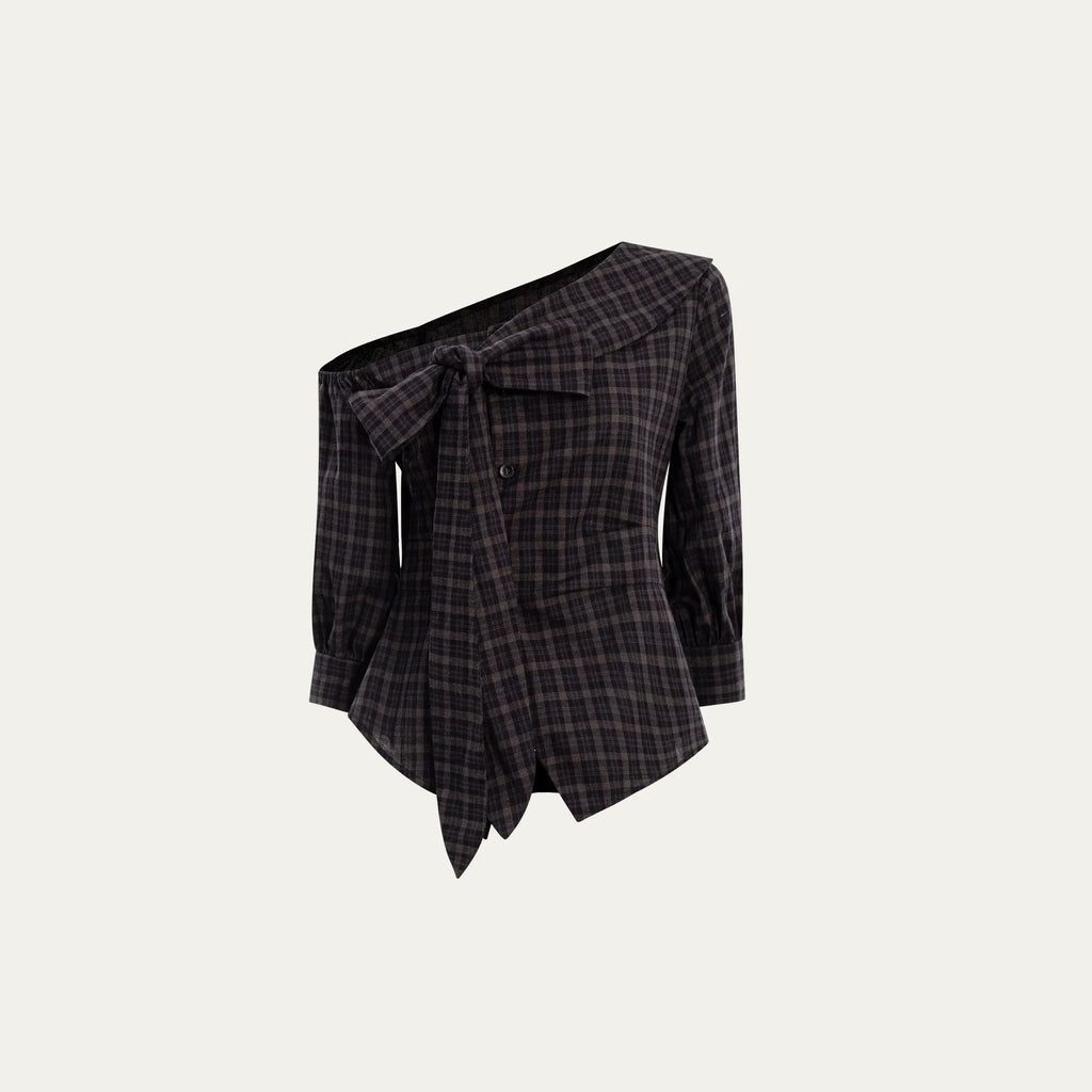 Plaid Bow One-Shoulder Waist Shirt