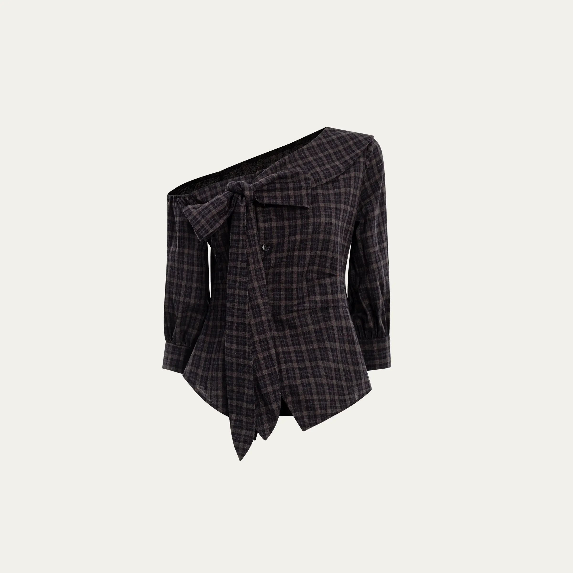 Plaid Bow One-Shoulder Waist Shirt