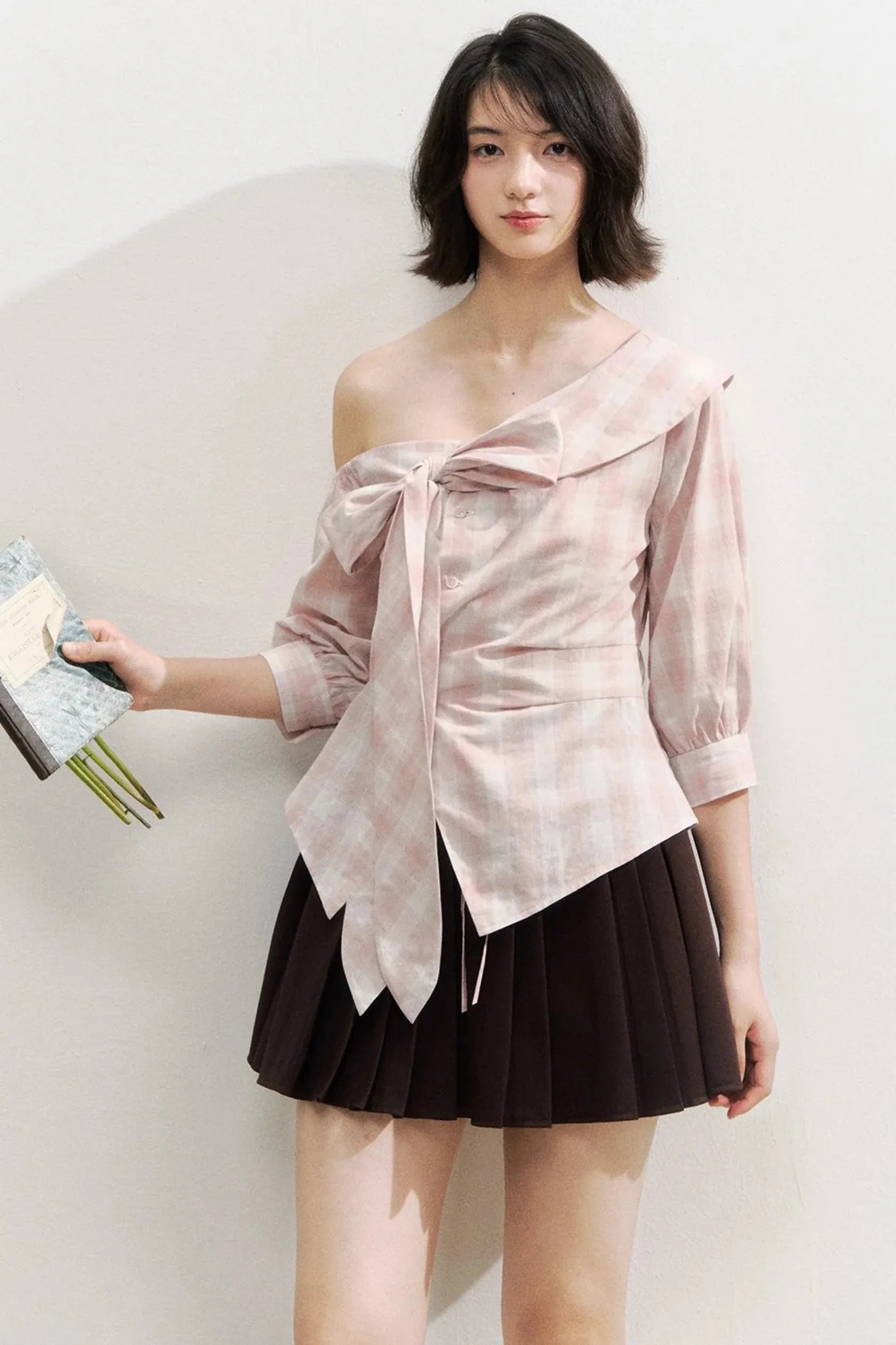 Plaid Bow One-Shoulder Waist Shirt
