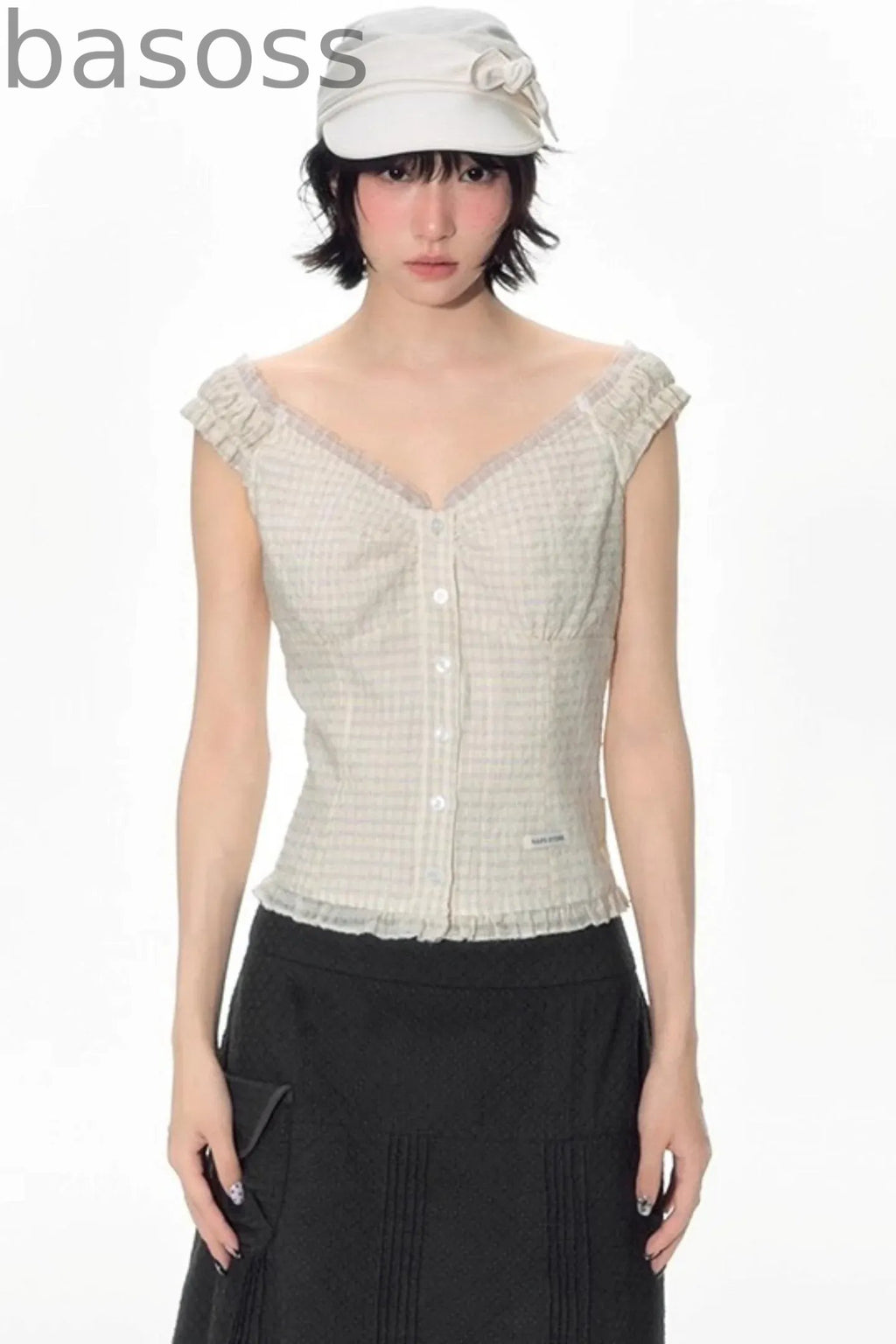 Checked Sleeveless One-Shoulder Shirt Set-Up