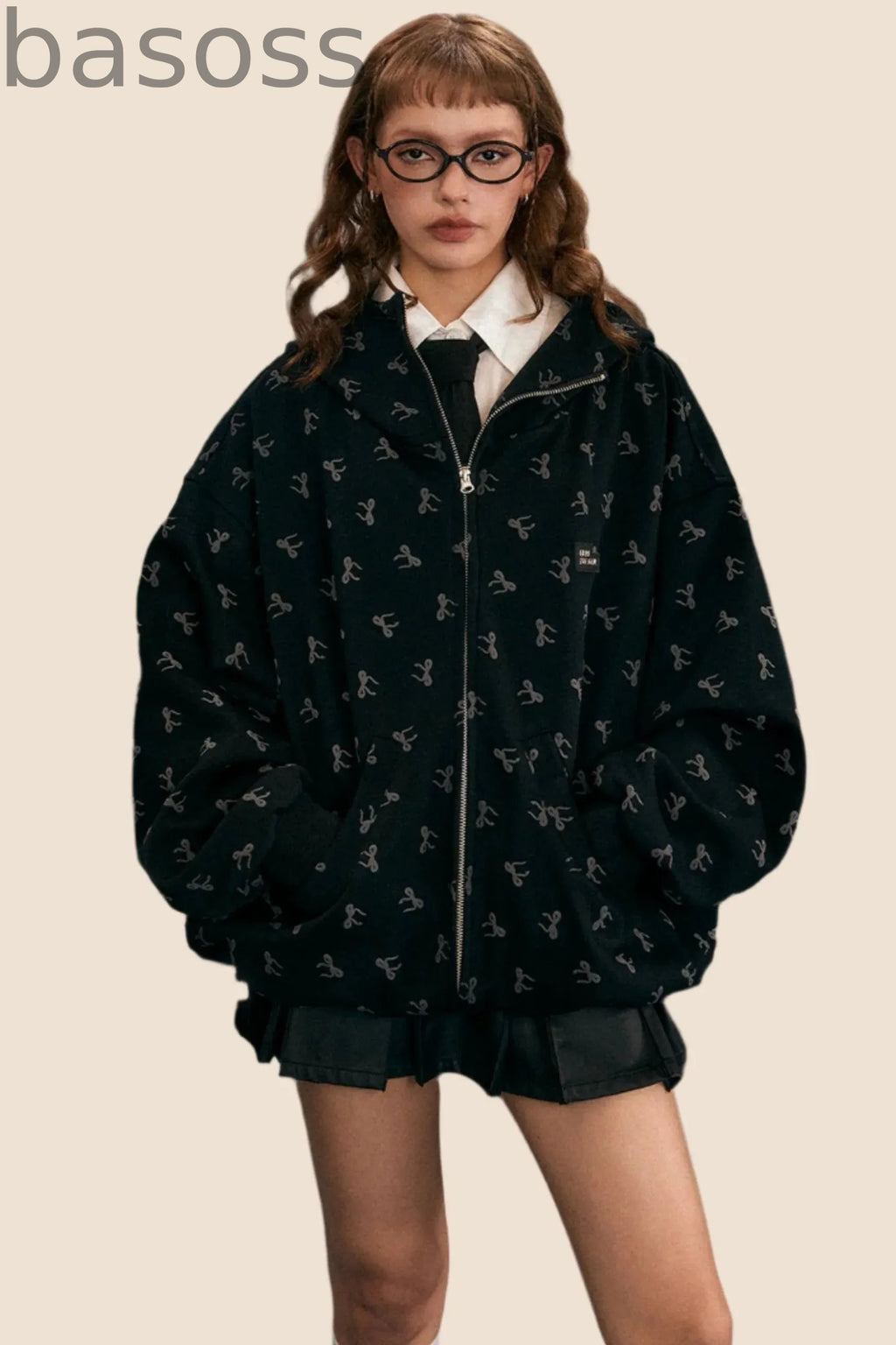 Loose Bow Print Hooded Jacket
