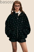 Loose Bow Print Hooded Jacket