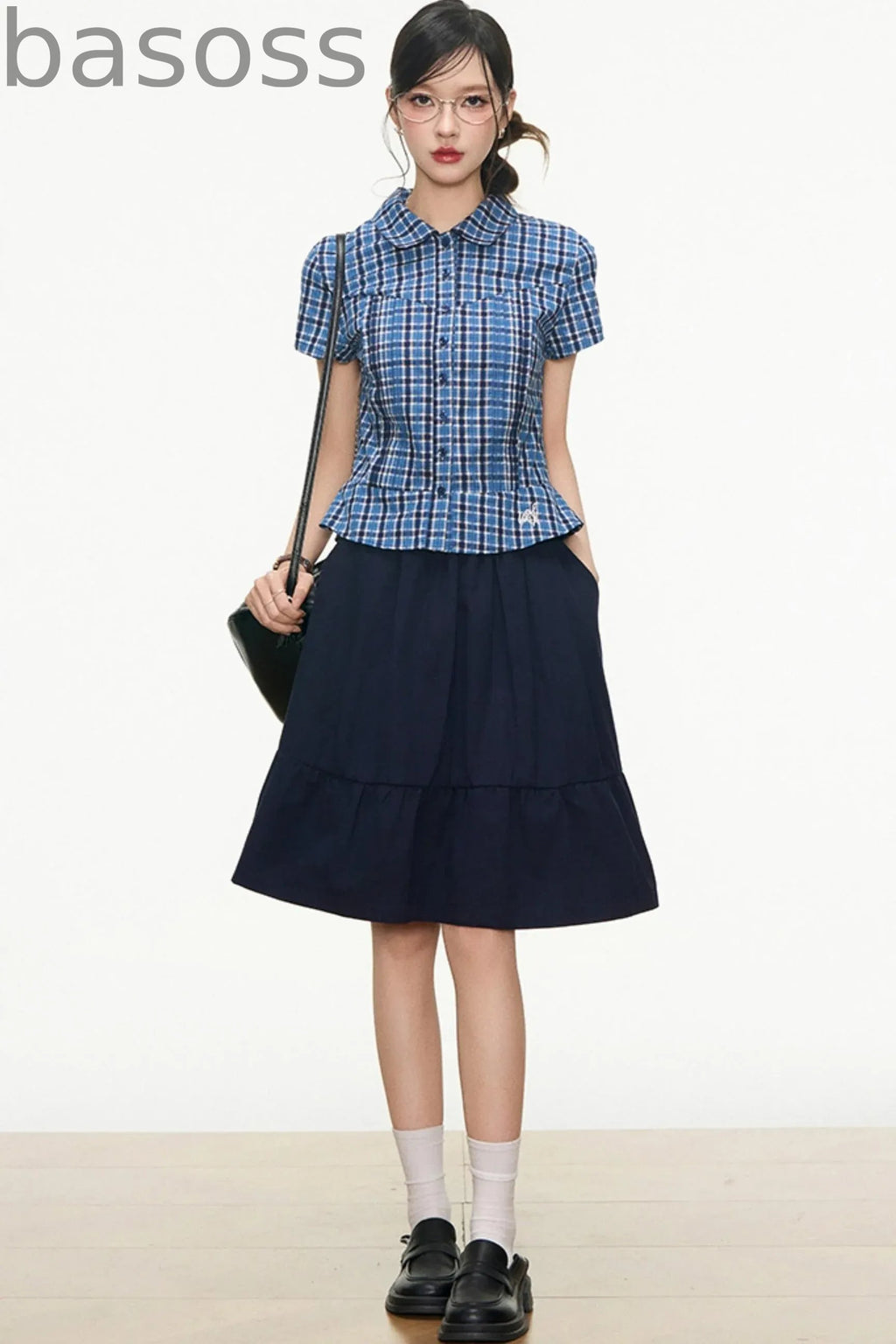 Checked Navy Skirt Shirt Set-Up
