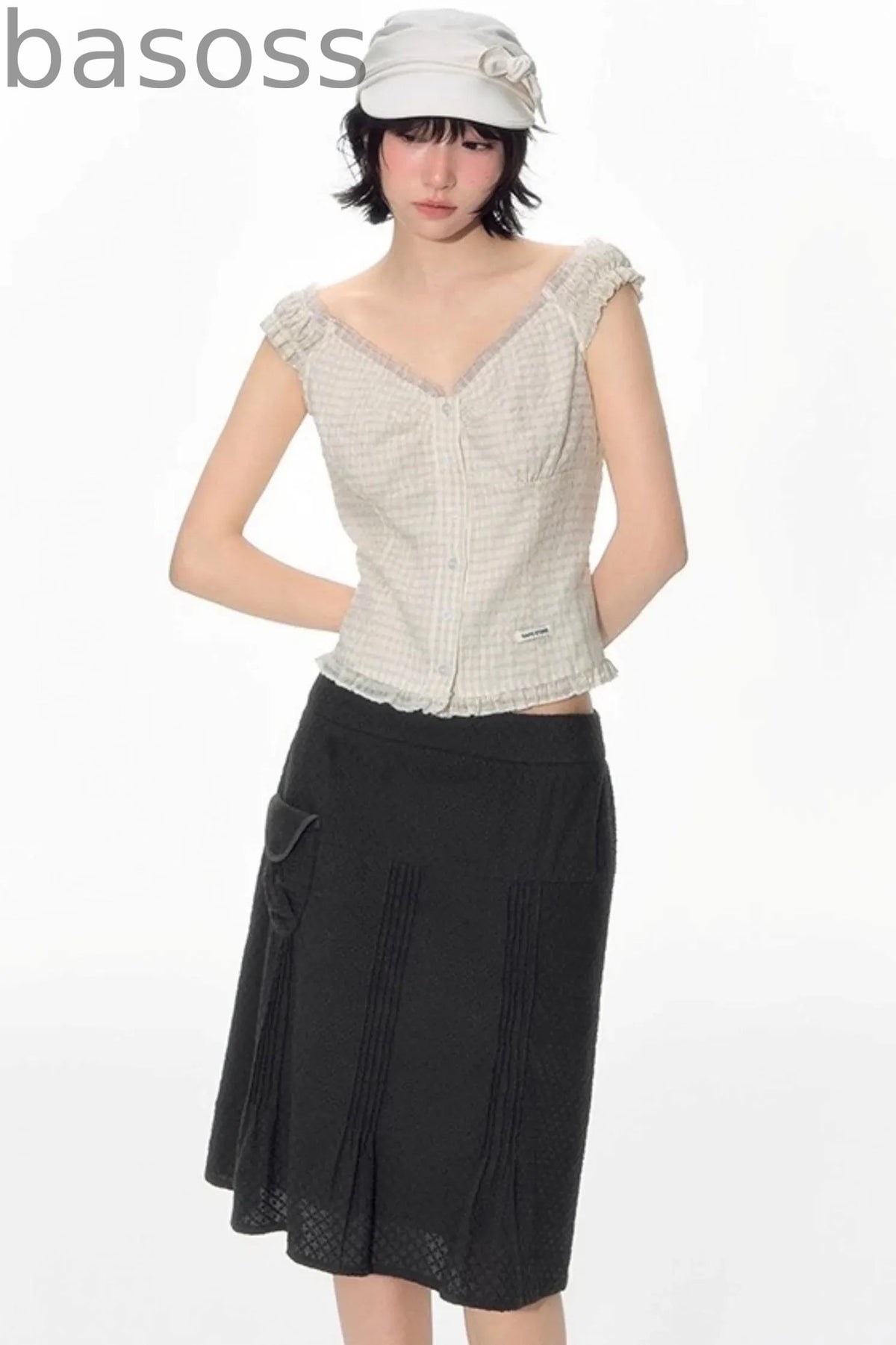 Checked Sleeveless One-Shoulder Shirt Set-Up
