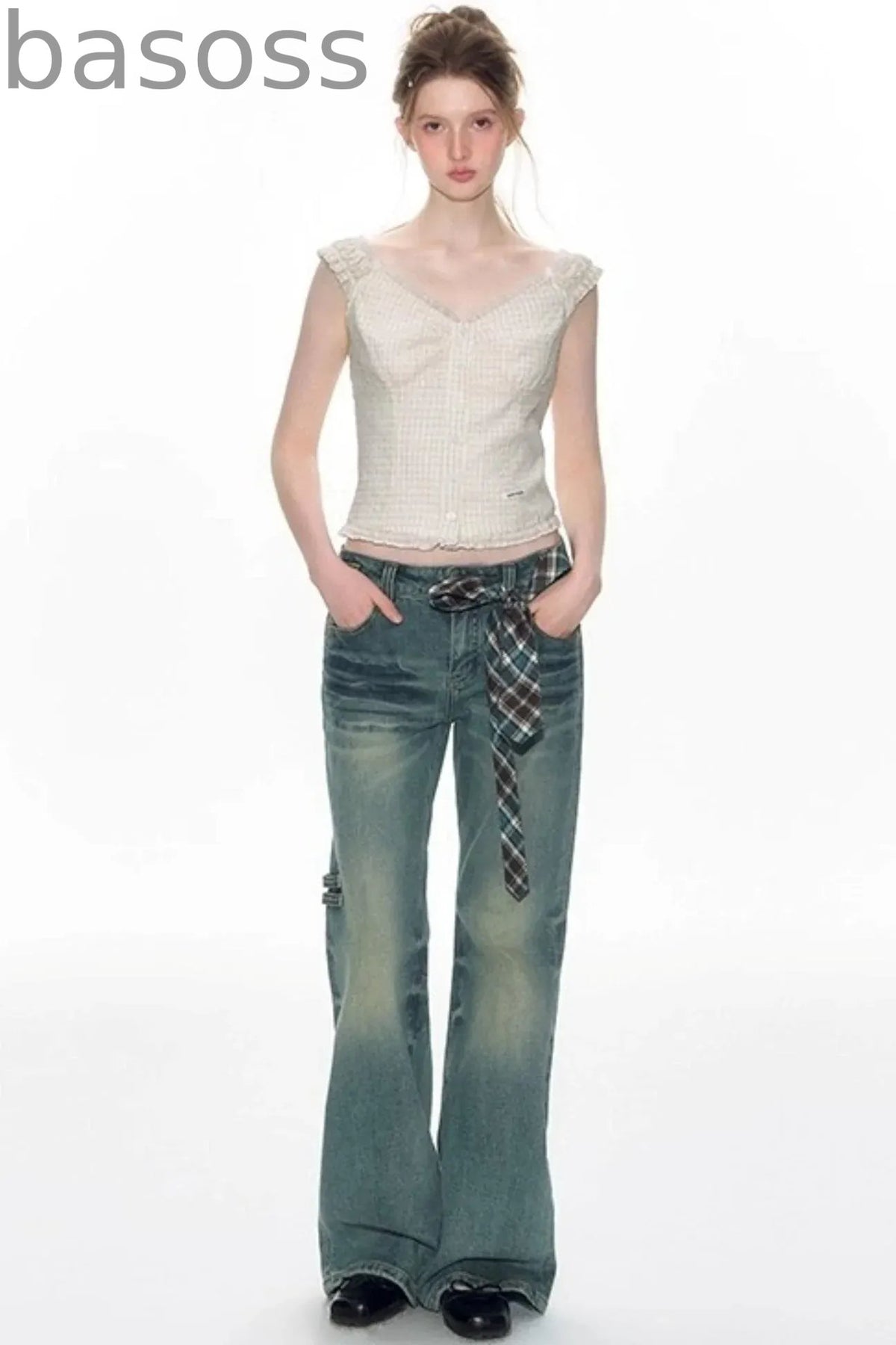 Checked Sleeveless One-Shoulder Shirt Set-Up