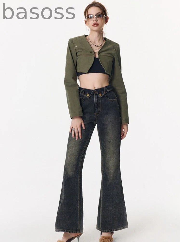 Retro distressed wash slim  jeans pants