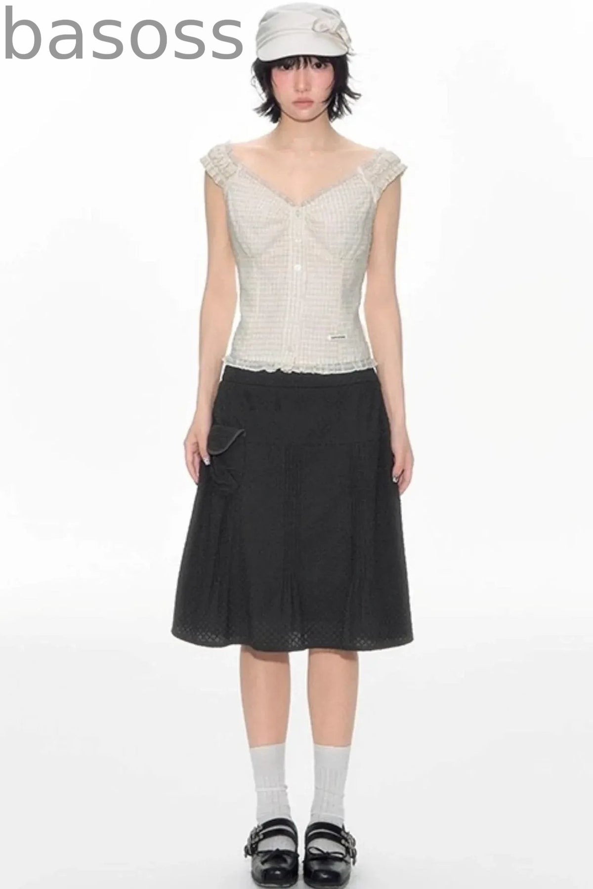 Checked Sleeveless One-Shoulder Shirt Set-Up