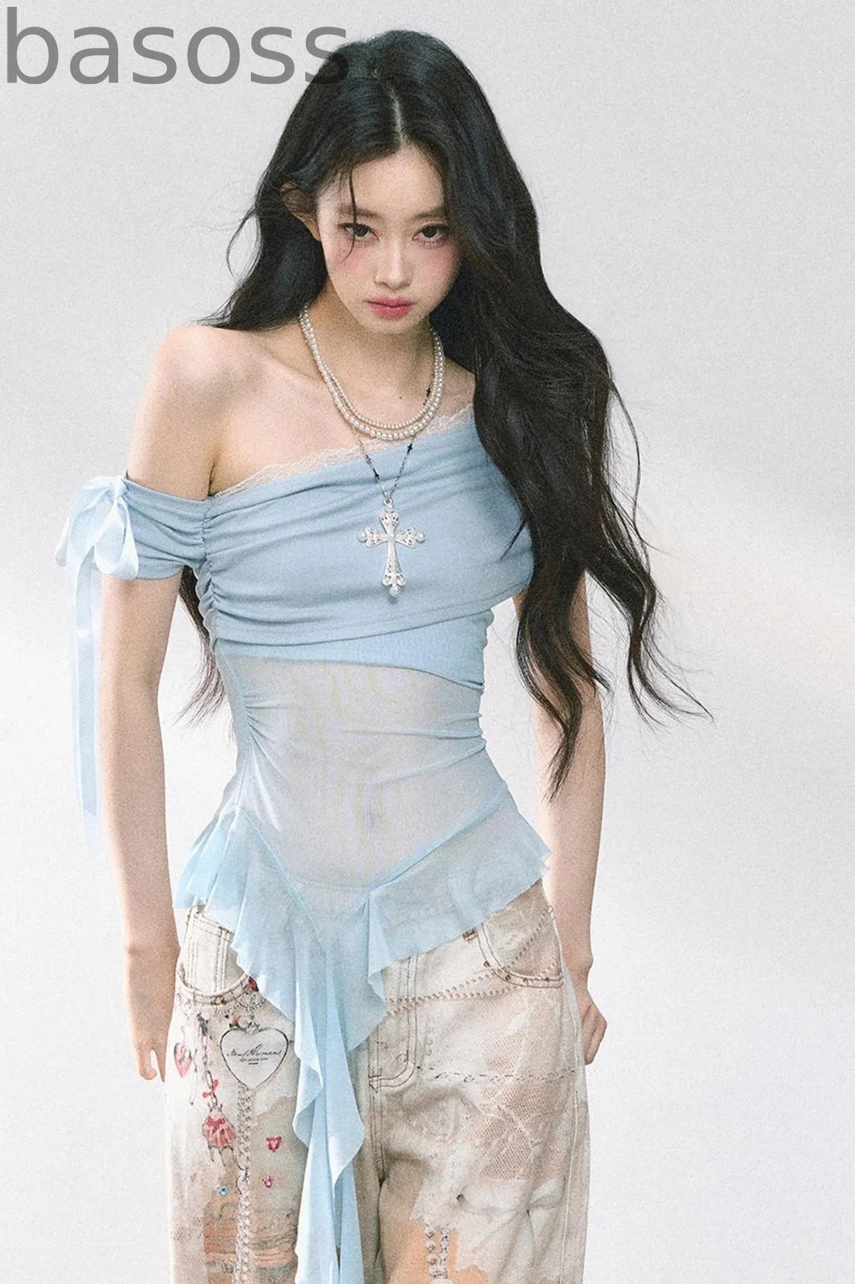 Sheer Mesh Off Shoulder T-Shirt