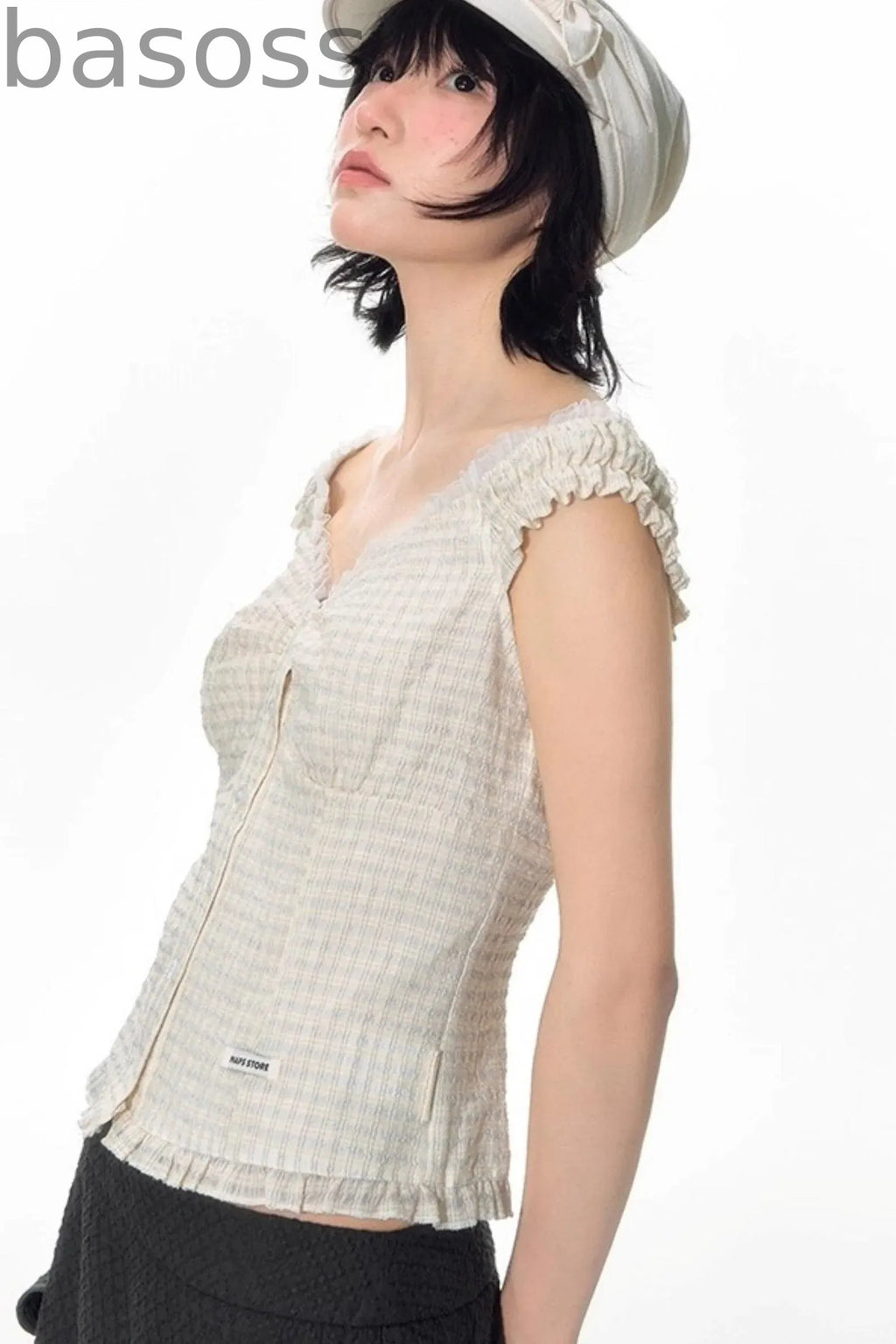 Checked Sleeveless One-Shoulder Shirt Set-Up