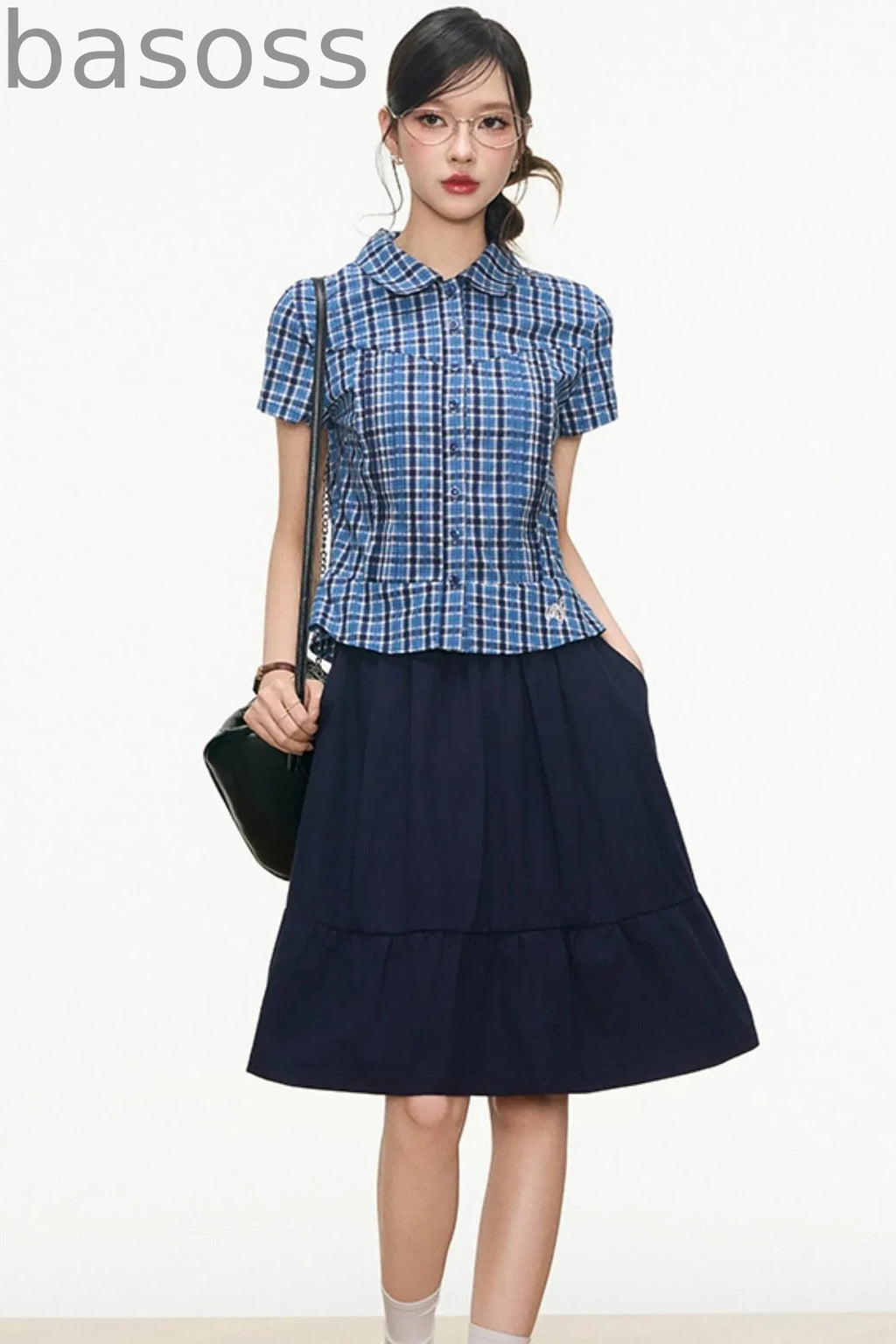 Checked Navy Skirt Shirt Set-Up