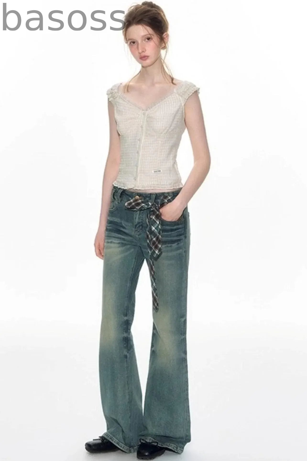 Checked Sleeveless One-Shoulder Shirt Set-Up