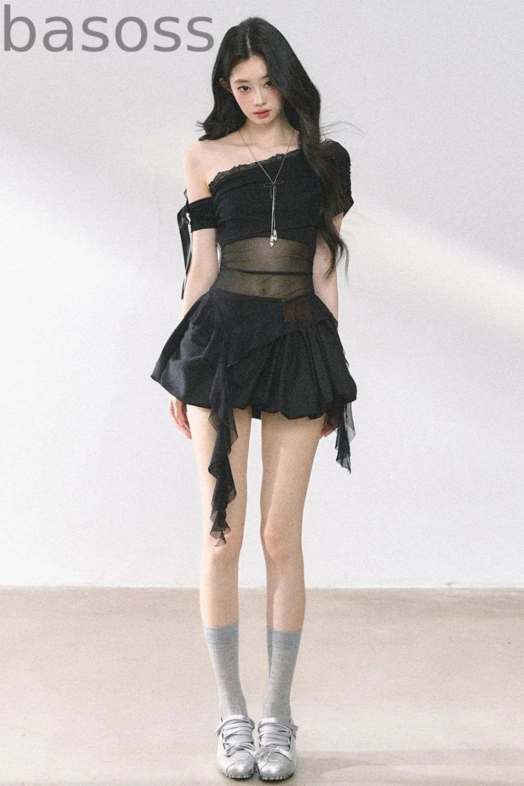 Sheer Mesh Off Shoulder T-Shirt