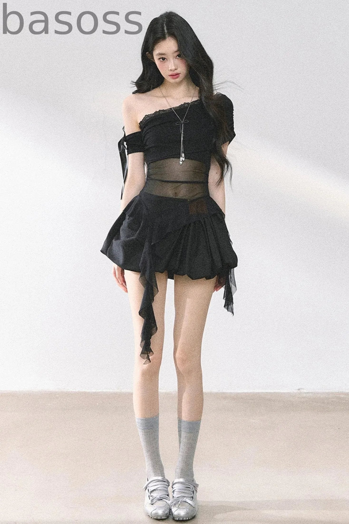 Sheer Mesh Off Shoulder T-Shirt