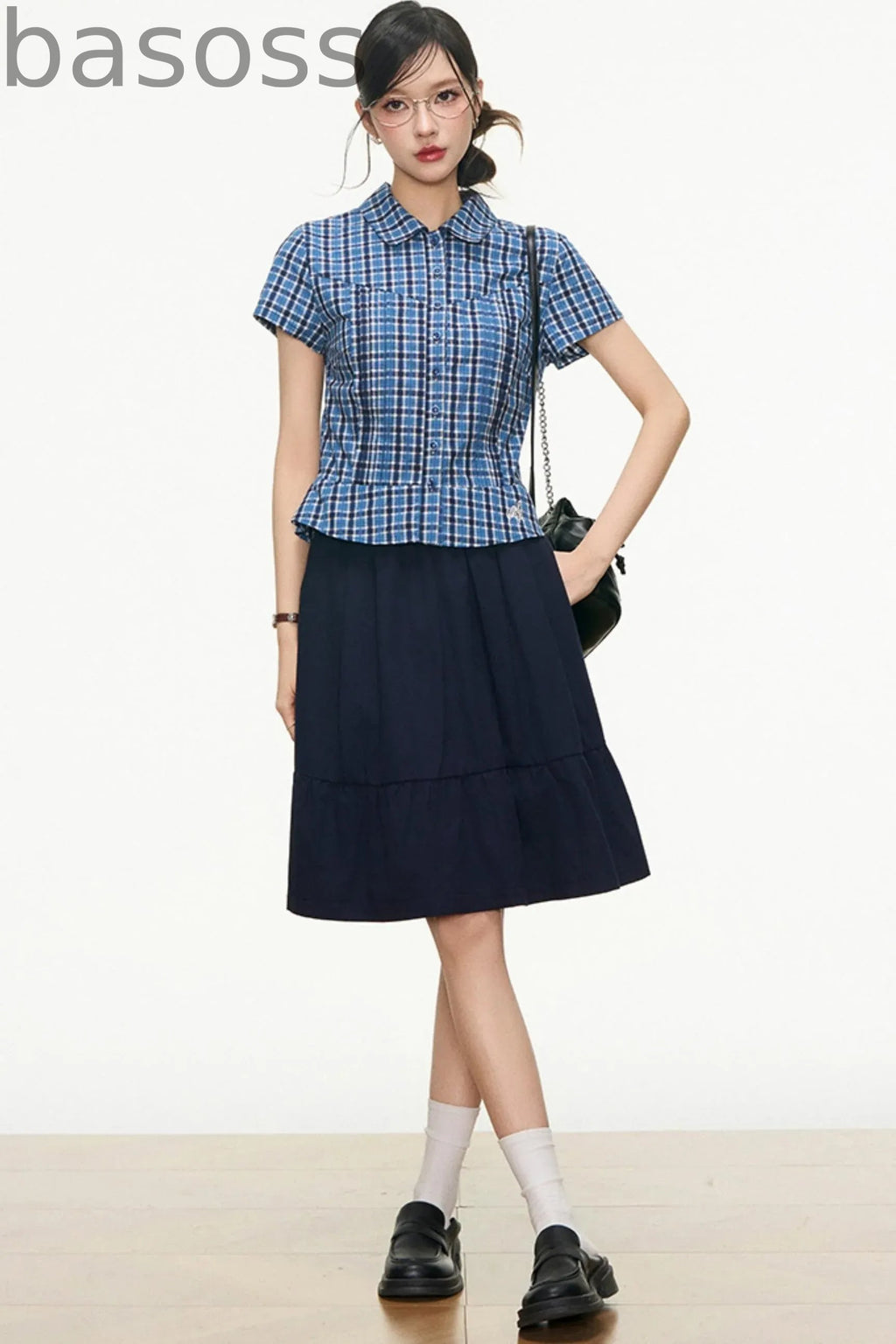 Checked Navy Skirt Shirt Set-Up