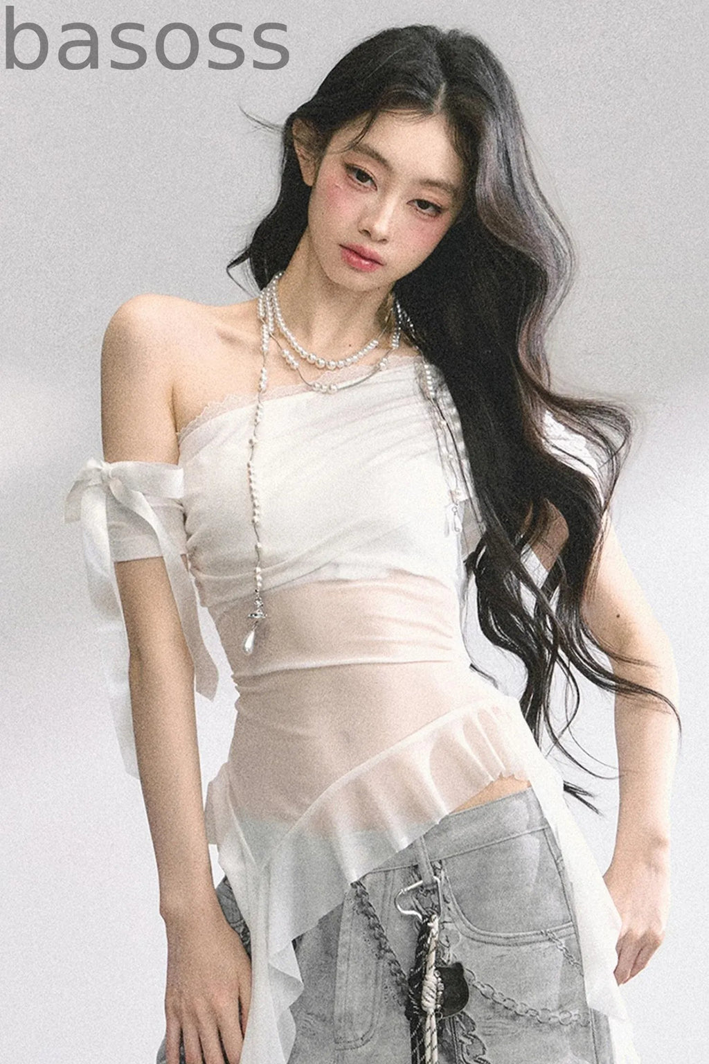Sheer Mesh Off Shoulder T-Shirt