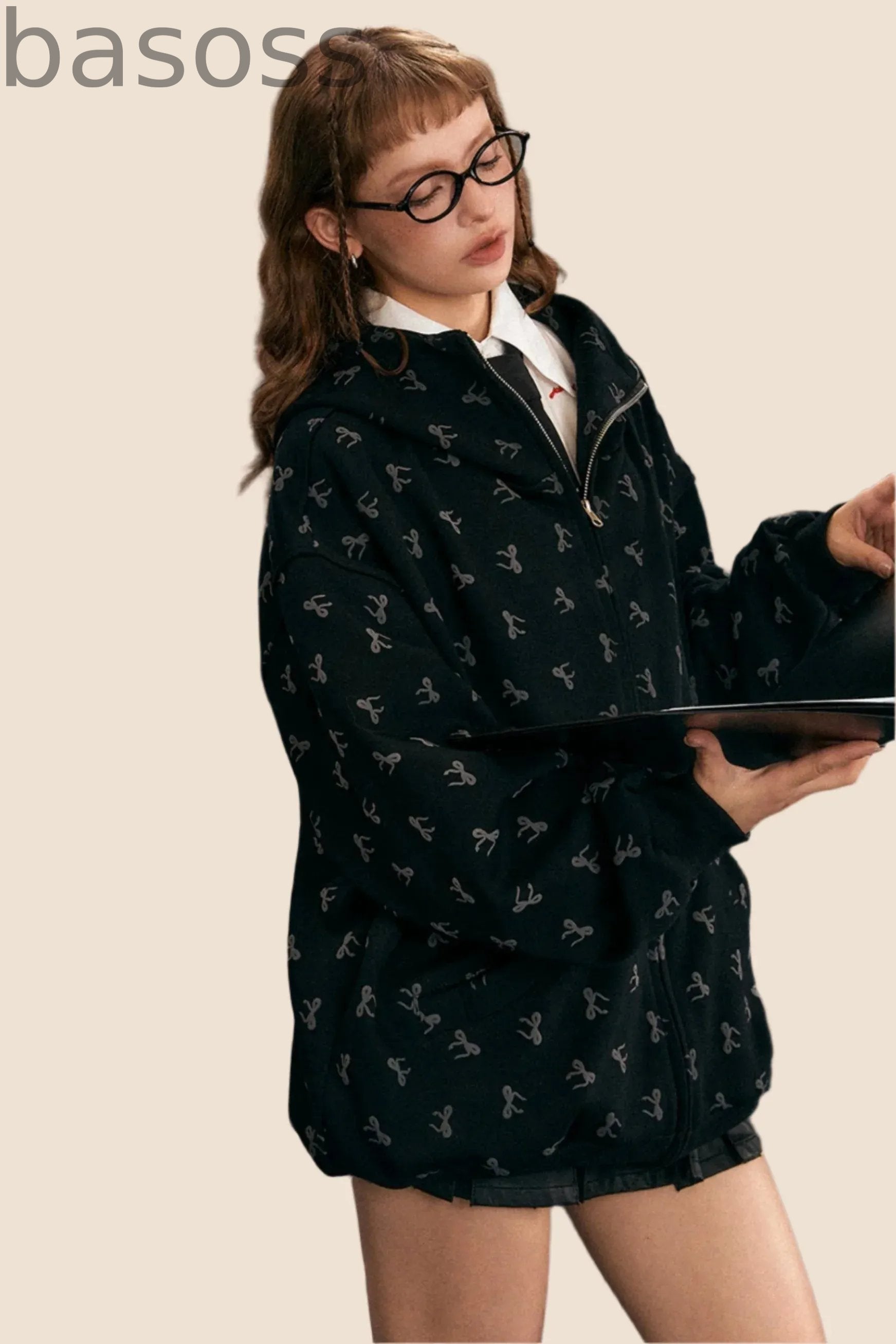 Loose Bow Print Hooded Jacket