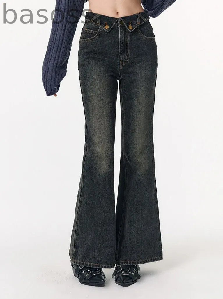 Retro distressed wash slim  jeans pants
