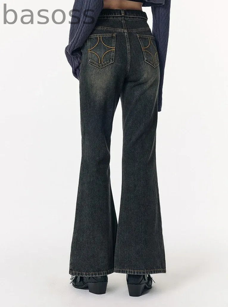 Retro distressed wash slim  jeans pants