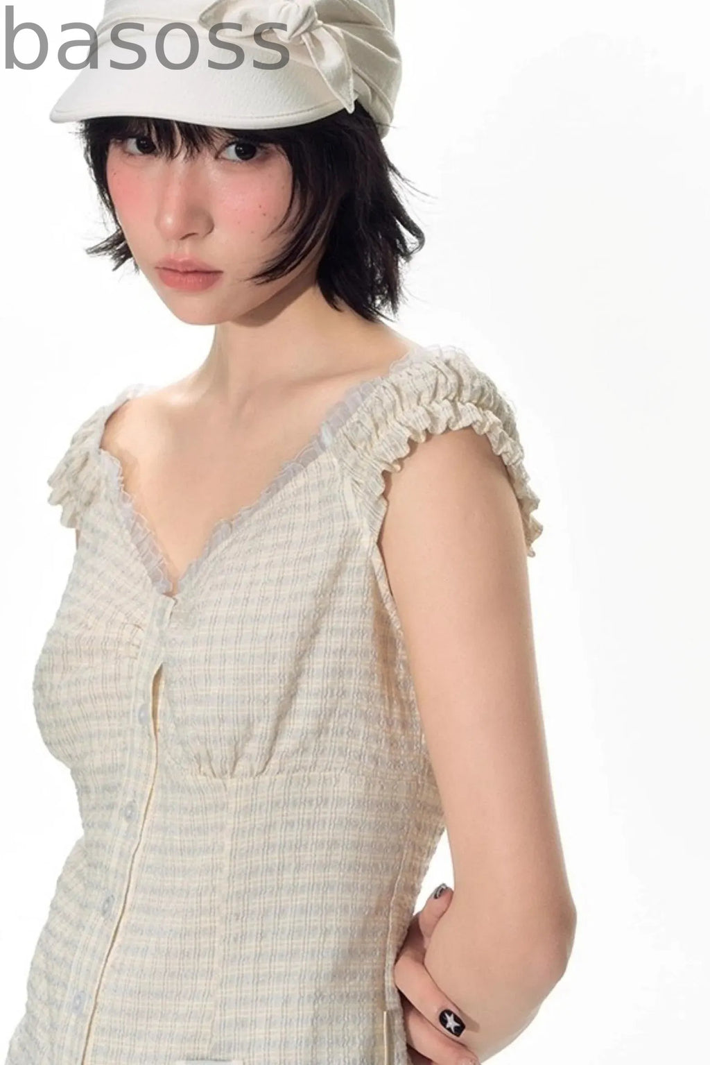 Checked Sleeveless One-Shoulder Shirt Set-Up