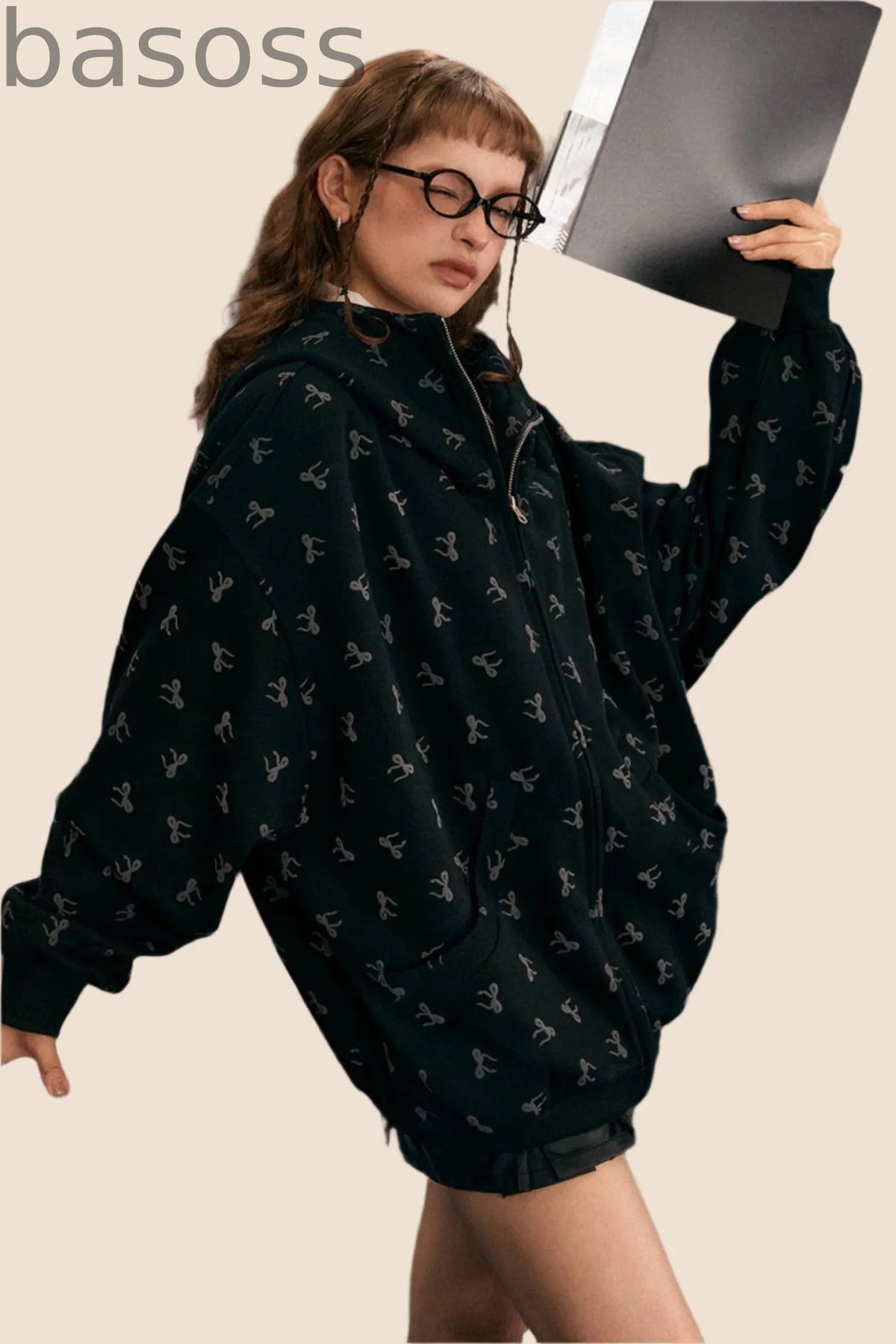 Loose Bow Print Hooded Jacket