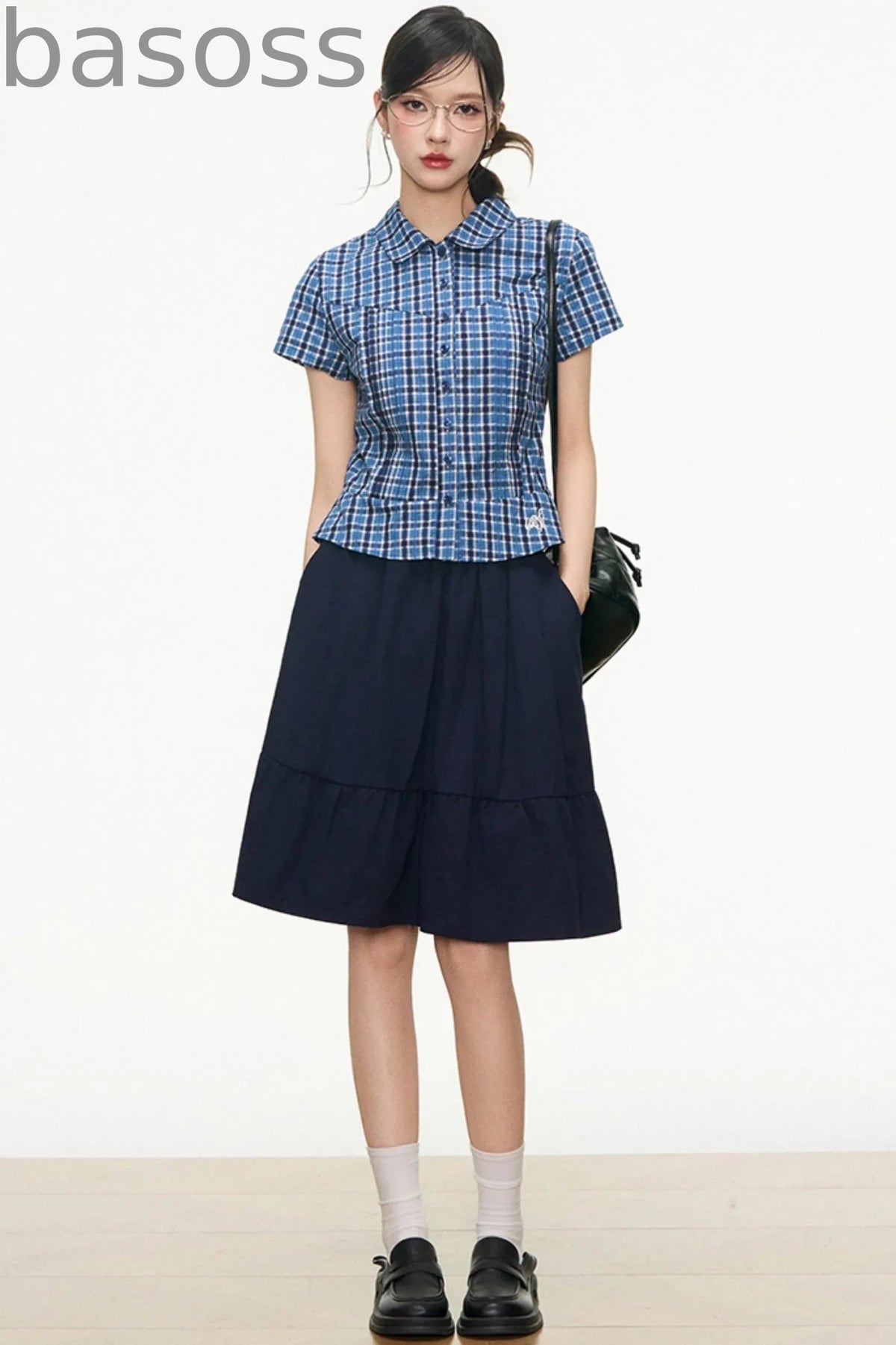 Checked Navy Skirt Shirt Set-Up