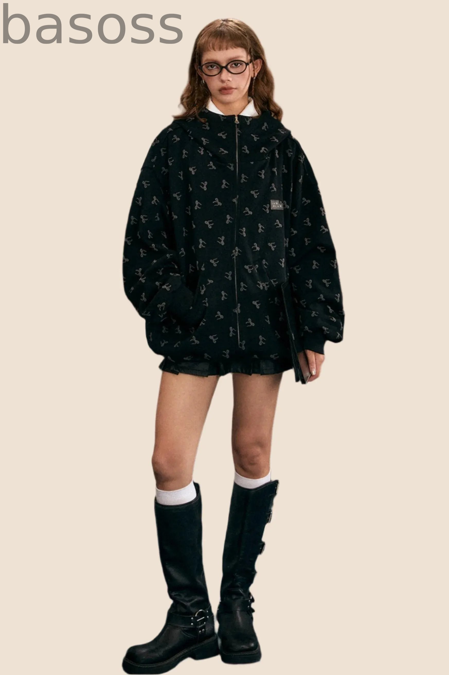 Loose Bow Print Hooded Jacket