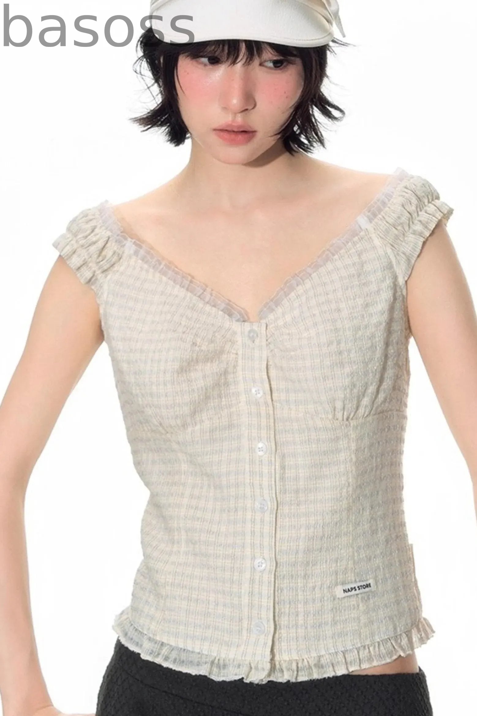 Checked Sleeveless One-Shoulder Shirt Set-Up