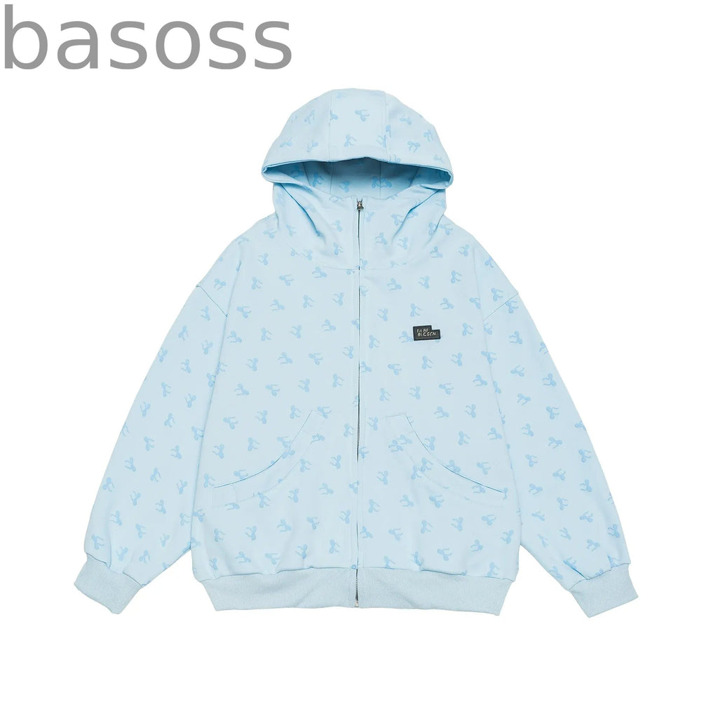 Loose Bow Print Hooded Jacket