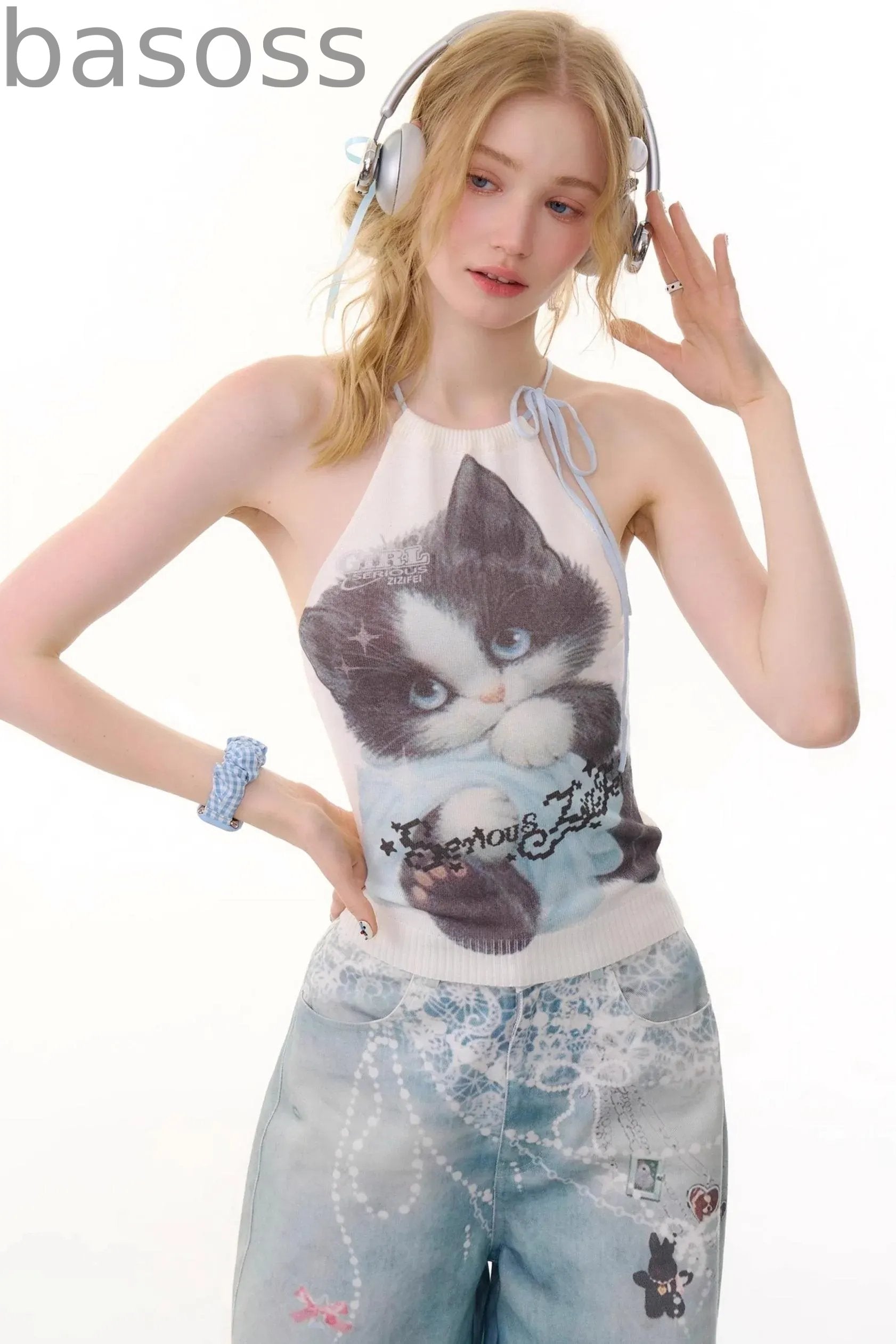 Summer Cat Knitted Halter Top