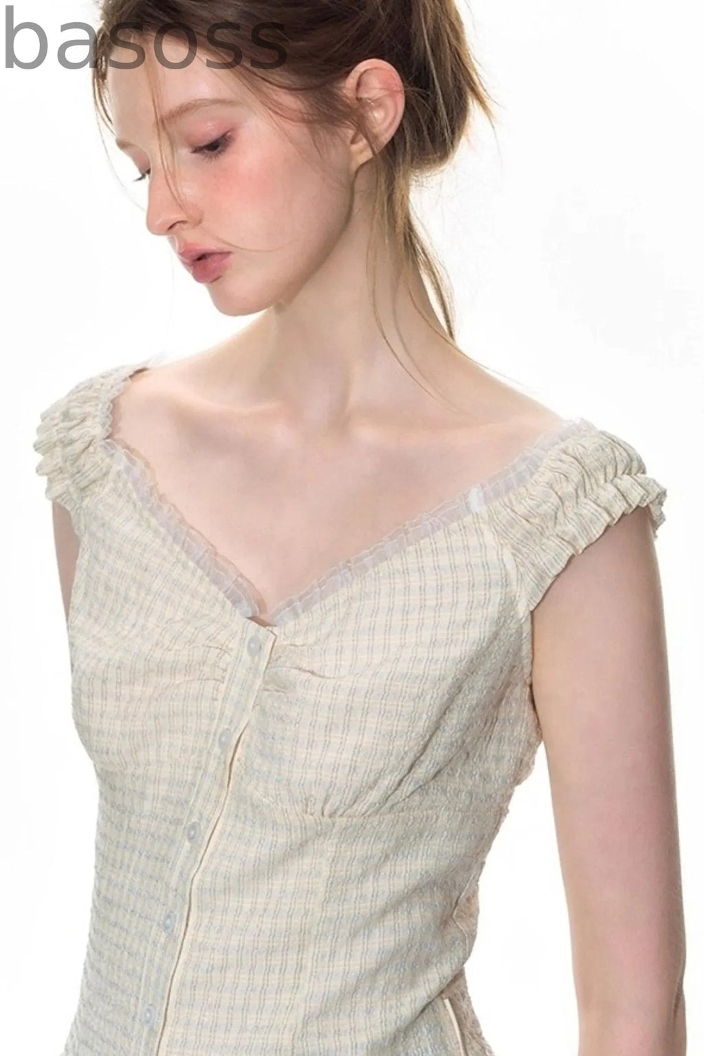 Checked Sleeveless One-Shoulder Shirt Set-Up