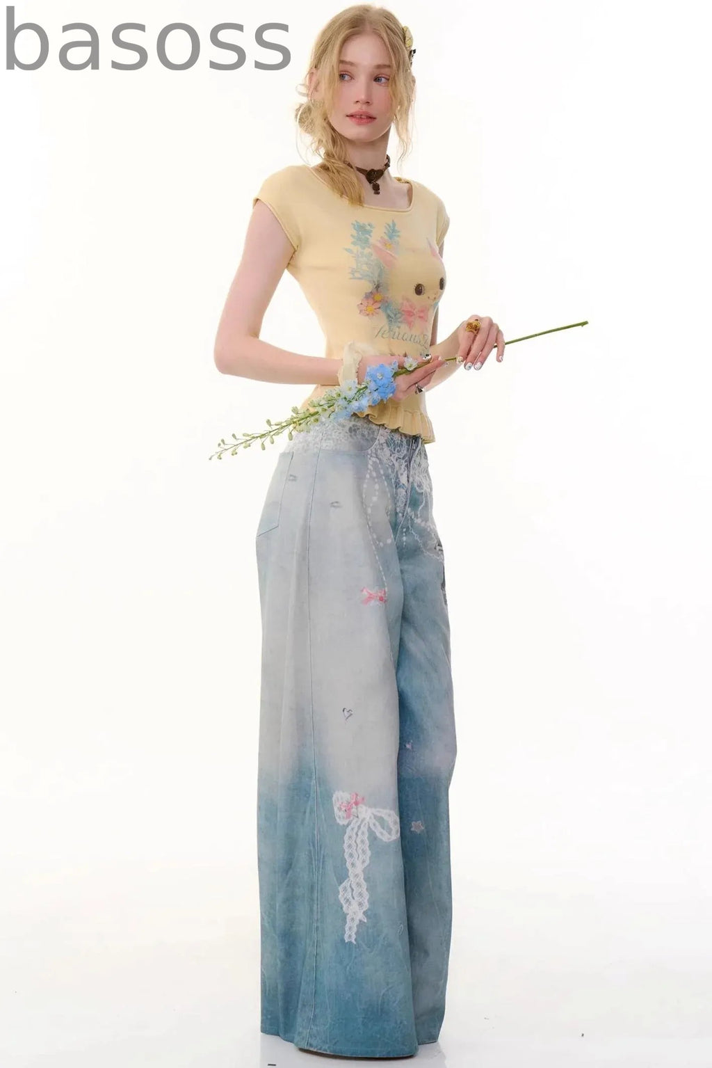 High-Waist Denim Wide-Leg Pants