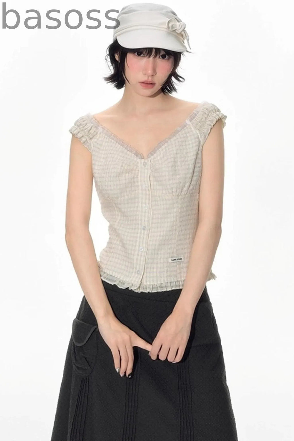Checked Sleeveless One-Shoulder Shirt Set-Up