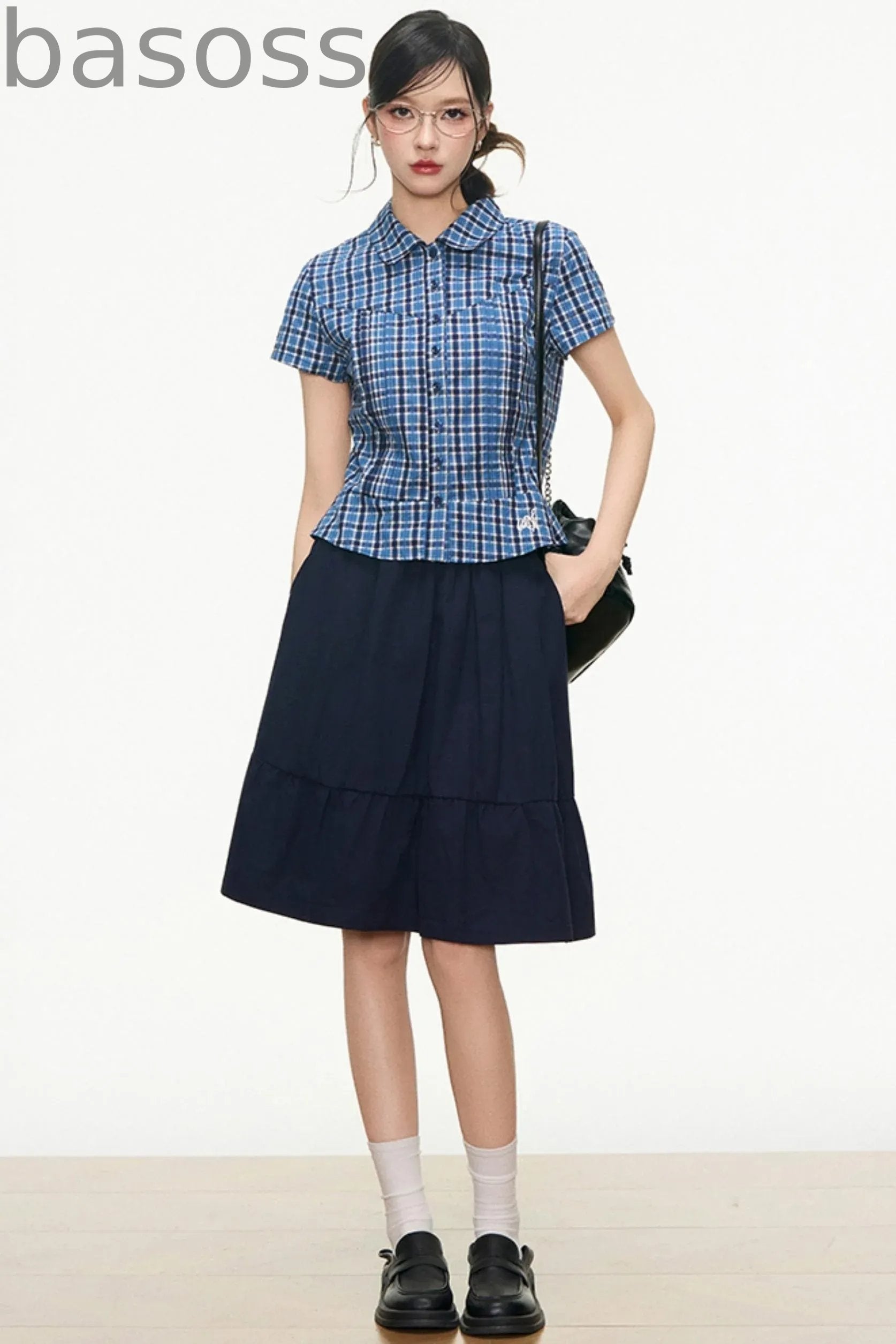 Checked Navy Skirt Shirt Set-Up