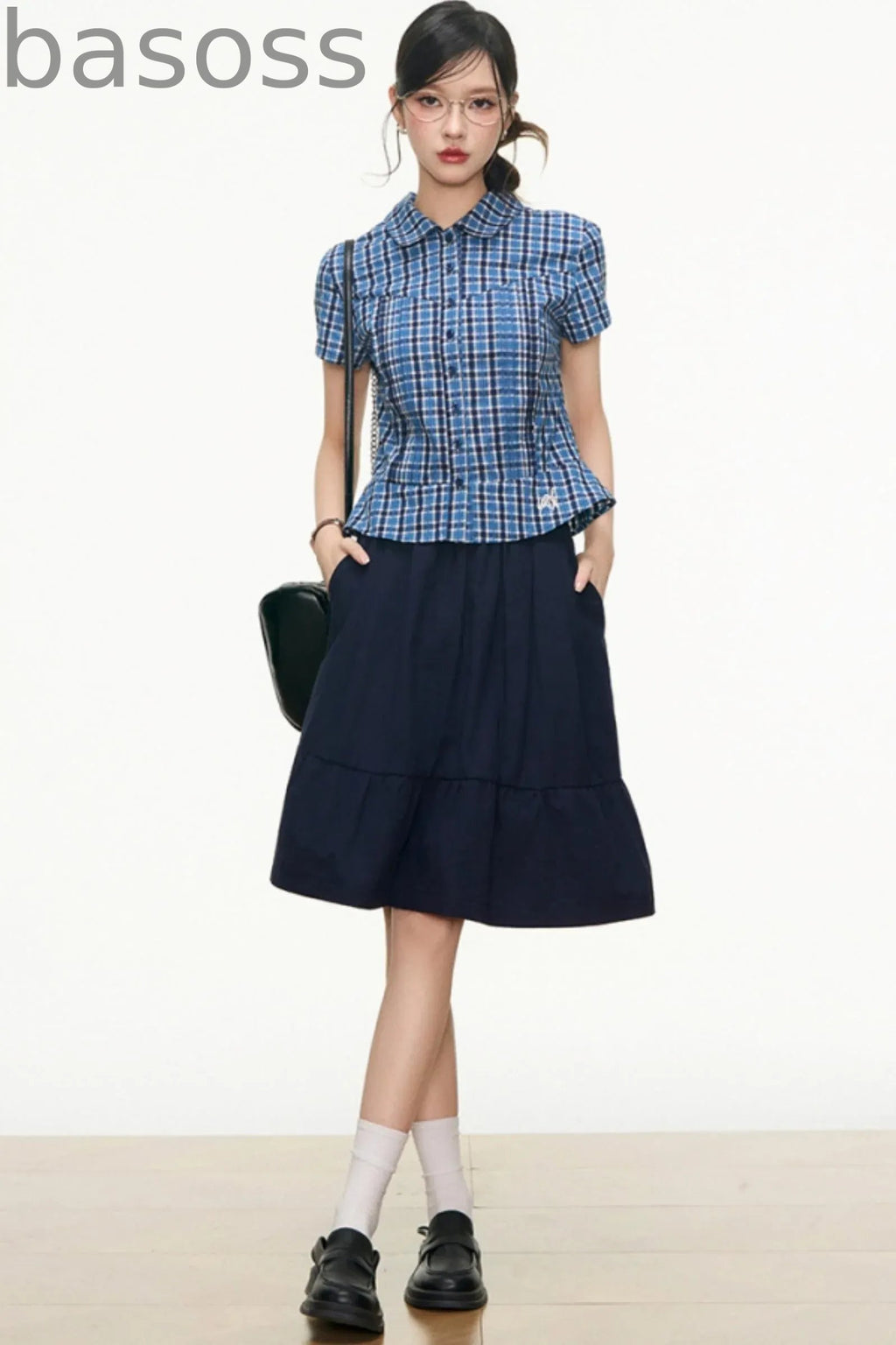 Checked Navy Skirt Shirt Set-Up