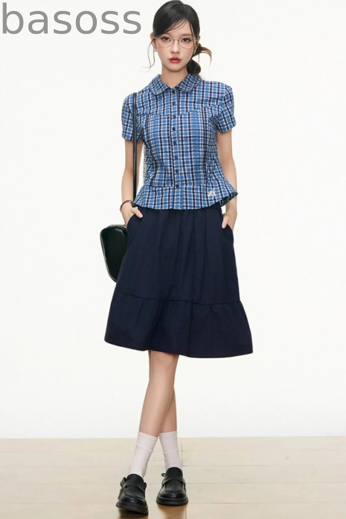 Checked Navy Skirt Shirt Set-Up