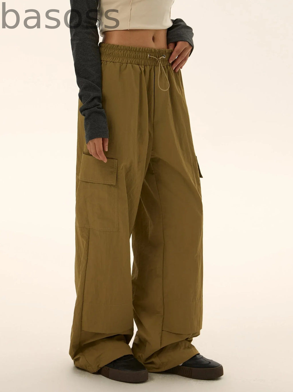 Elastic Waist Pocket Work Loose Pants
