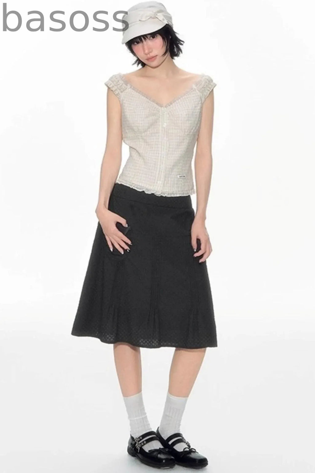 Checked Sleeveless One-Shoulder Shirt Set-Up
