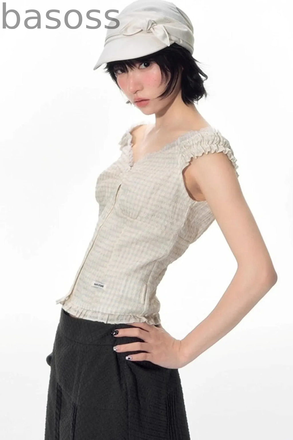 Checked Sleeveless One-Shoulder Shirt Set-Up
