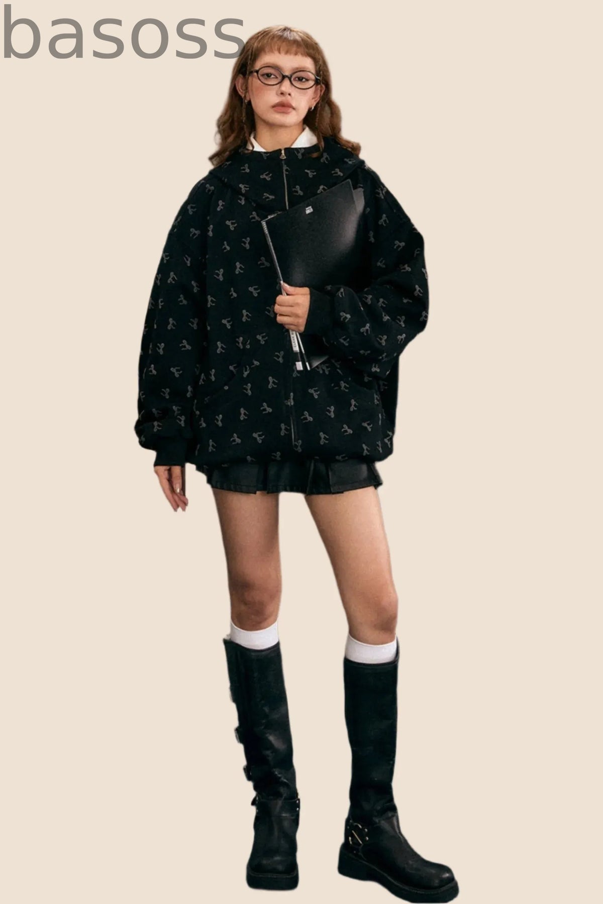 Loose Bow Print Hooded Jacket
