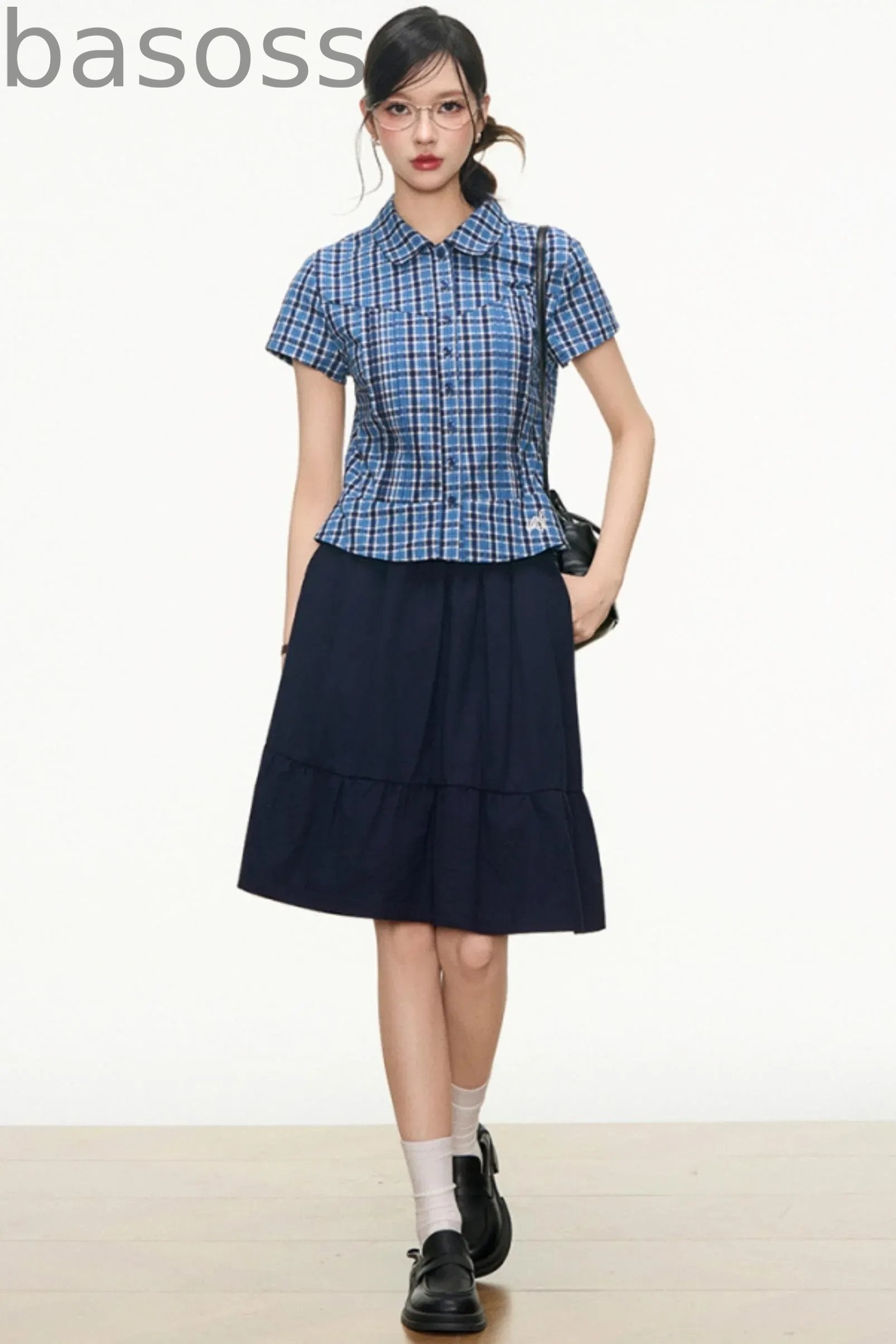 Checked Navy Skirt Shirt Set-Up
