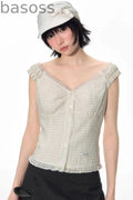 Checked Sleeveless One-Shoulder Shirt Set-Up